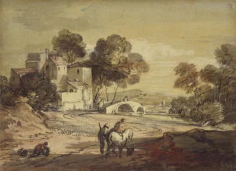 Paesaggio italianeggiante con viaggiatori su una strada tortuosa, 1775 - 1779